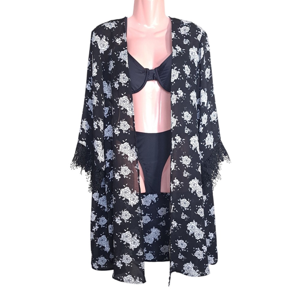 Forever 21 Women's Cardigan Black/White Floral Swimsuit Kimono Cover Up Size L